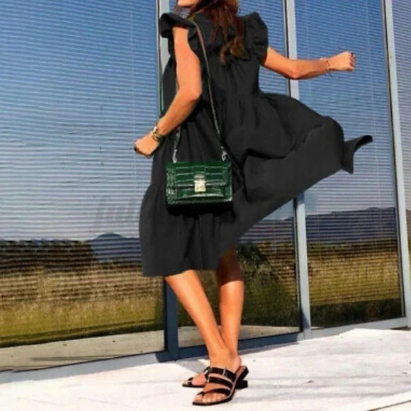 3 LEFT! ❤️ NEW! Black Poplin Tiered Flutter Sleeve Dress - Picture 9 of 9